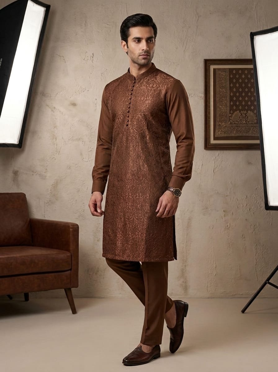 Brown Embroidered Kurta Trouser